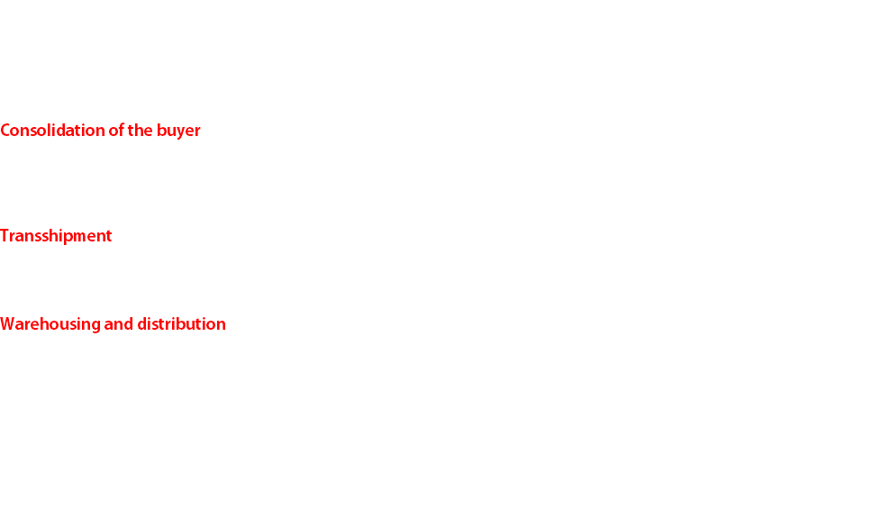 Sending goods from one area of the world to another may mean dealing with many different carriers and having to comply with many rules that are often confusing. UTTS offers a wide range of solutions for your logistics needs, from buyer consolidation and assembly for suppliers, to managing purchase orders at the final delivery. Consolidation of the buyer Our buyer consolidation services give importers and exporters more control over their channel procurement by allowing them to consolidate orders purchased from different manufacturers into one container Transshipment In addition to coordinating rail and trucking links, this solution includes inventory management as well as simplification of warehousing and delivery. It offers a range of value-added services, including assembly, packaging, bill consolidation, bar coding and labeling. Warehousing and distribution Our warehousing solutions are designed to maximize your operational efficiency. Count on us for storage at short-term and long-term, order fulfillment, picking and packing, transshipment service, containers, and the logistics of returns. 